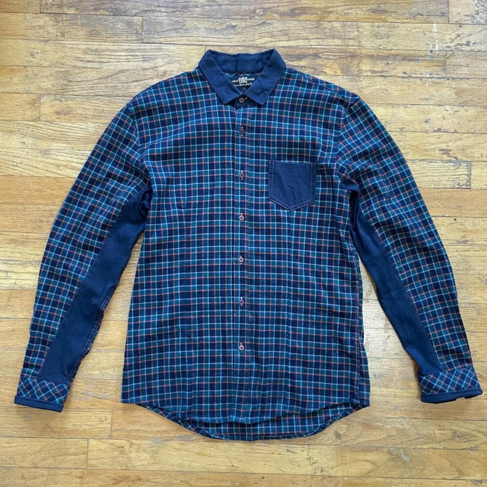 Great Gatsby navy, green, orange flannel shirt.